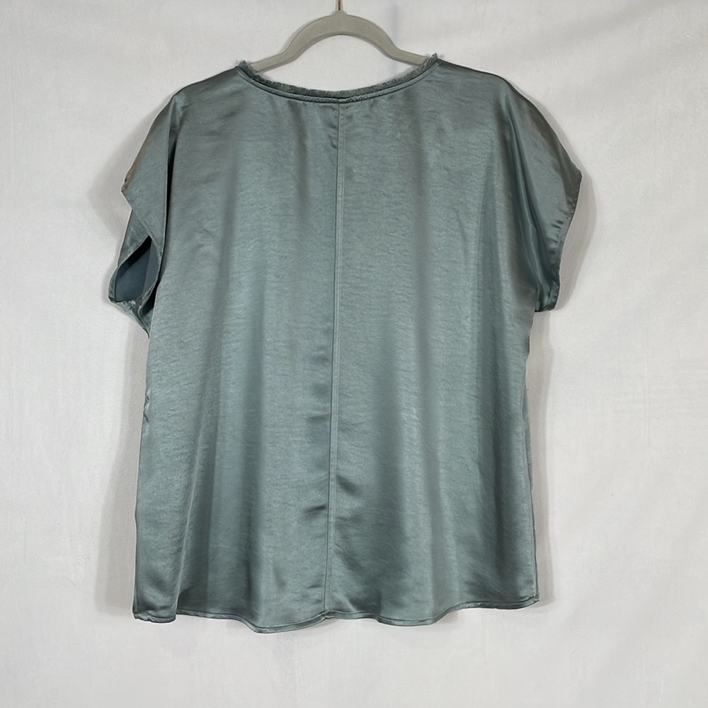 Melissa Nepton Satin Top Size L Seafoam Blue Color Fringe Neckline - Picture 3 of 7